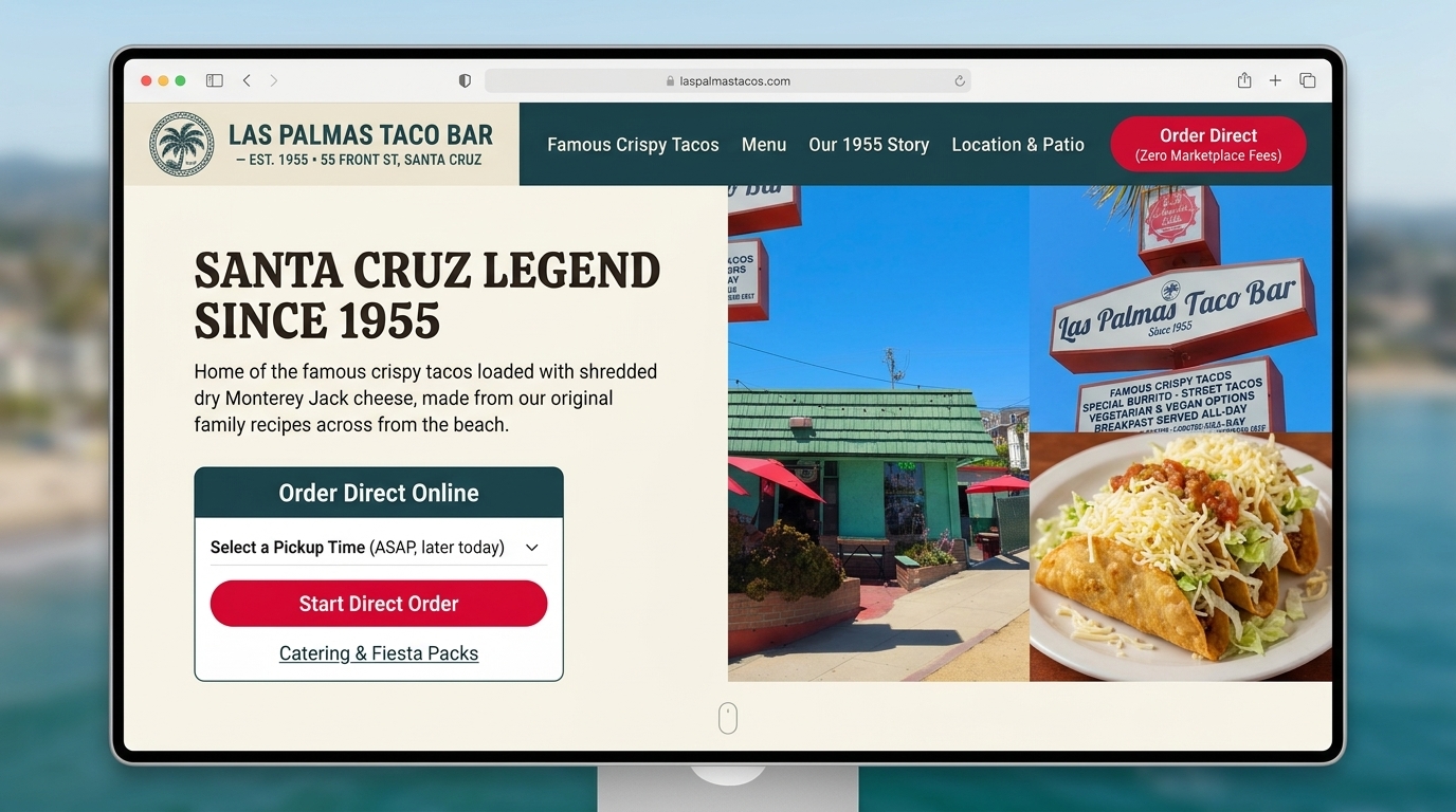 Homepage design for Las Palmas Taco Bar: Santa Cruz legend since 1955, with direct ordering and the Front Street storefront